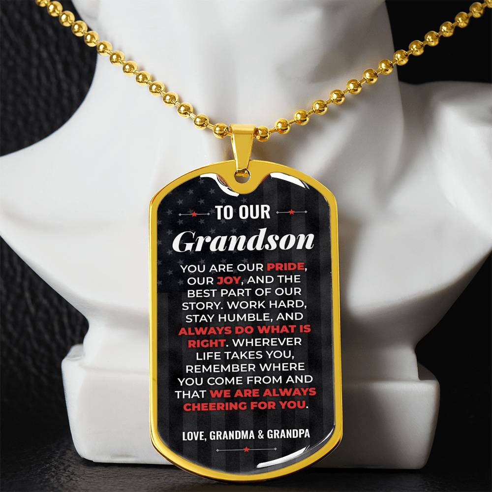 To Our Grandson Necklace from Grandma & Grandpa – gold dog tag necklace displayed on a bust