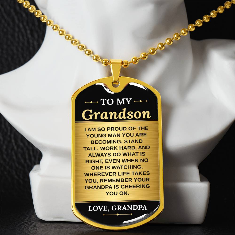 To My Grandson Necklace from Grandpa – gold dog tag necklace displayed on a bust