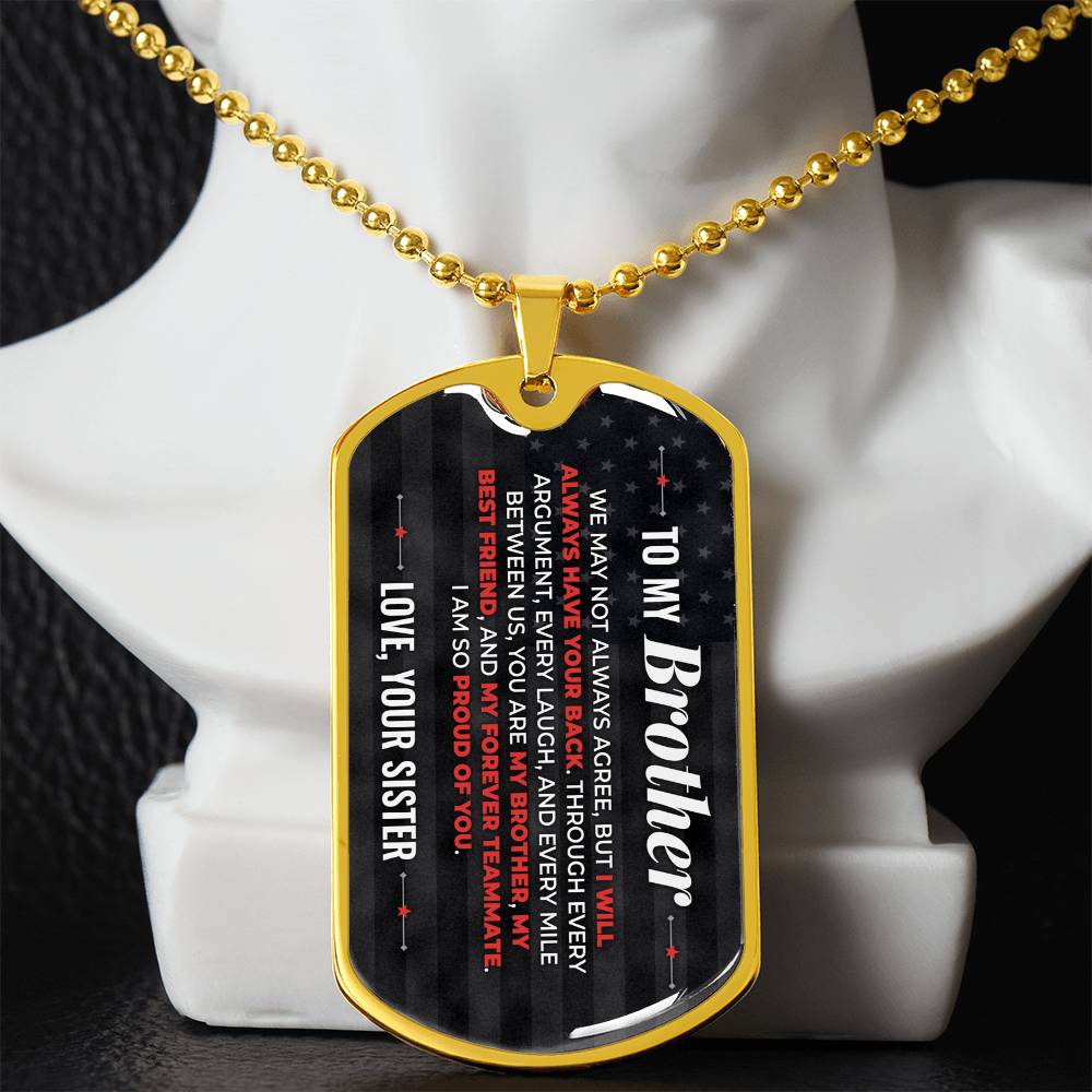 To My Brother Necklace from Sister – gold dog tag necklace displayed on a bust