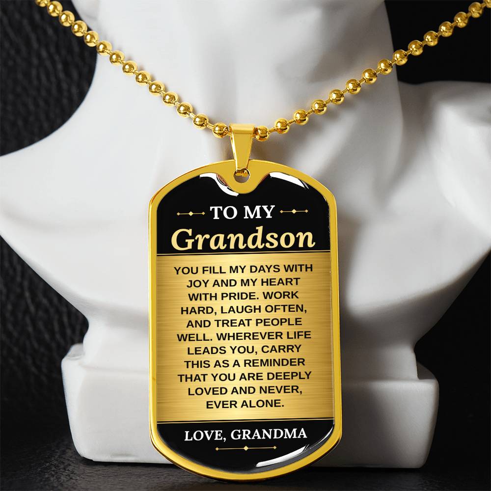 To My Grandson Necklace from Grandma – gold dog tag necklace displayed on a bust