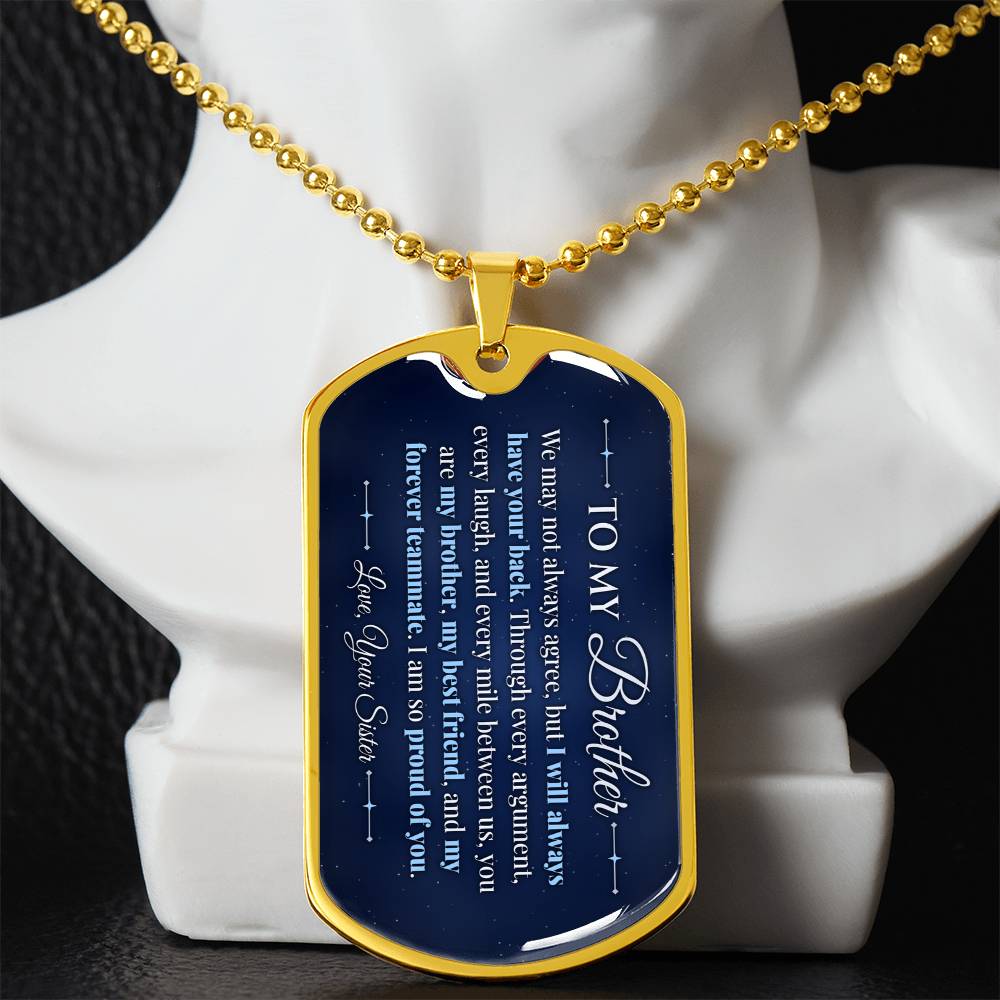 To My Brother Necklace from Sister – gold dog tag necklace displayed on a bust