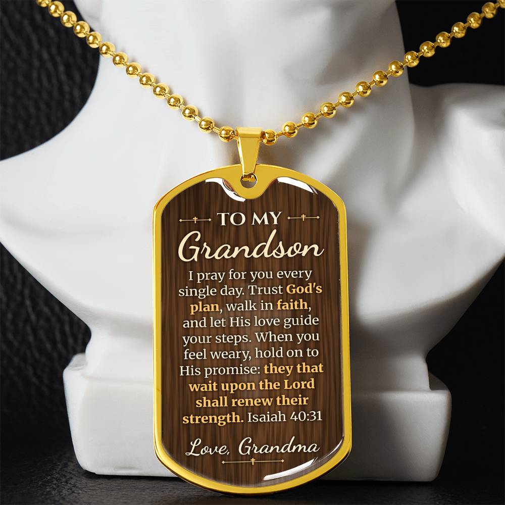 To My Grandson Necklace from Grandma – gold dog tag necklace displayed on a bust