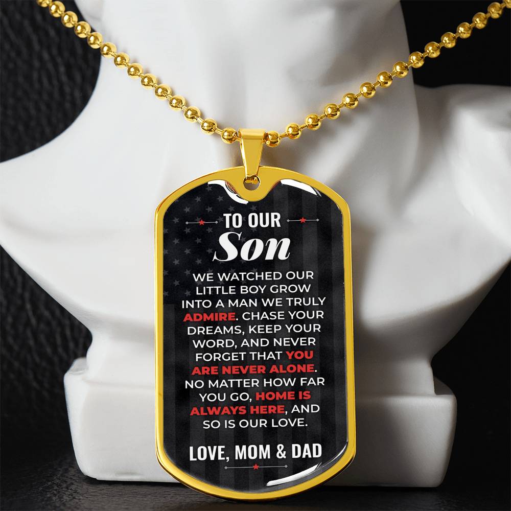 To Our Son Necklace from Mom & Dad – gold dog tag necklace displayed on a bust