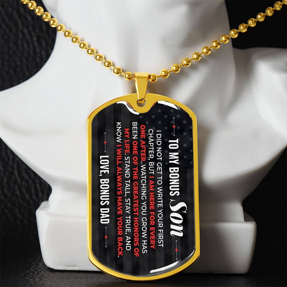 To My Bonus Son Necklace from Stepdad – gold dog tag necklace displayed on a bust