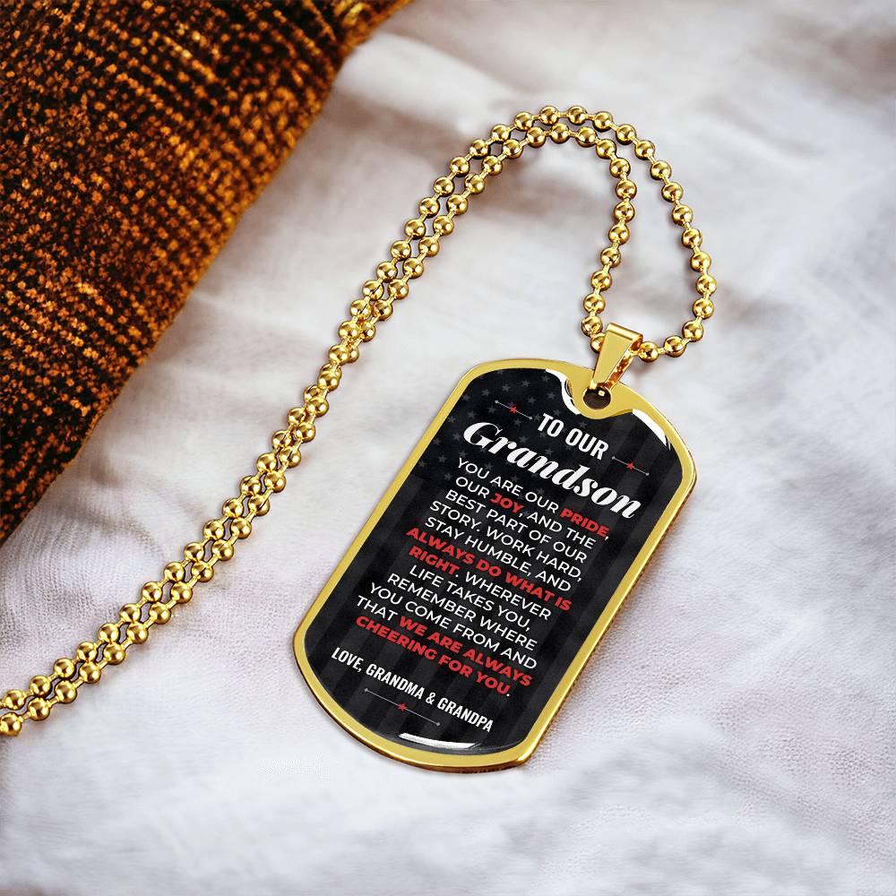To Our Grandson Necklace from Grandma & Grandpa – 18k gold finish dog tag necklace on soft fabric