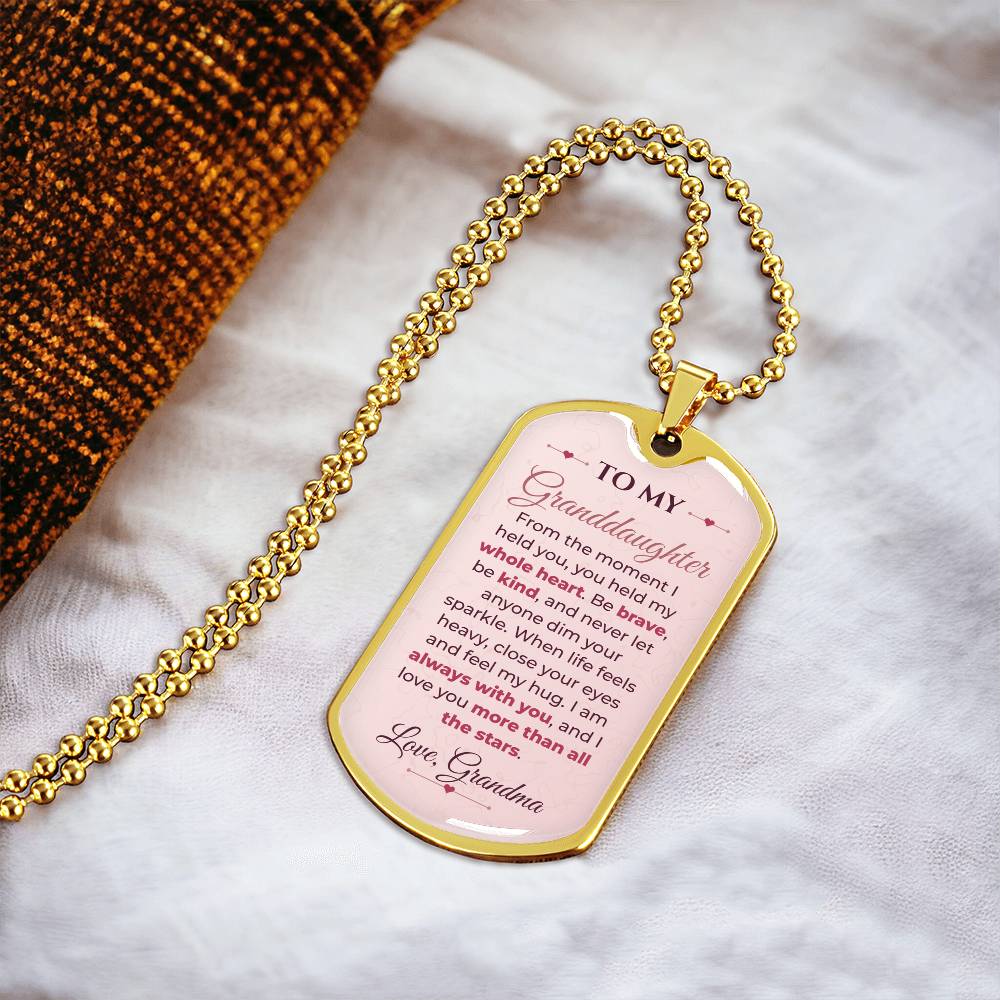 To My Granddaughter Necklace from Grandma – 18k gold finish dog tag necklace on soft fabric