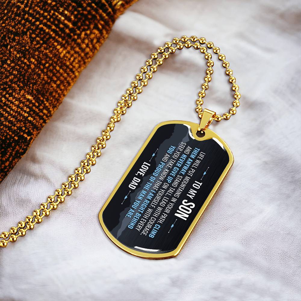 To My Son Necklace from Dad – 18k gold finish dog tag necklace on soft fabric