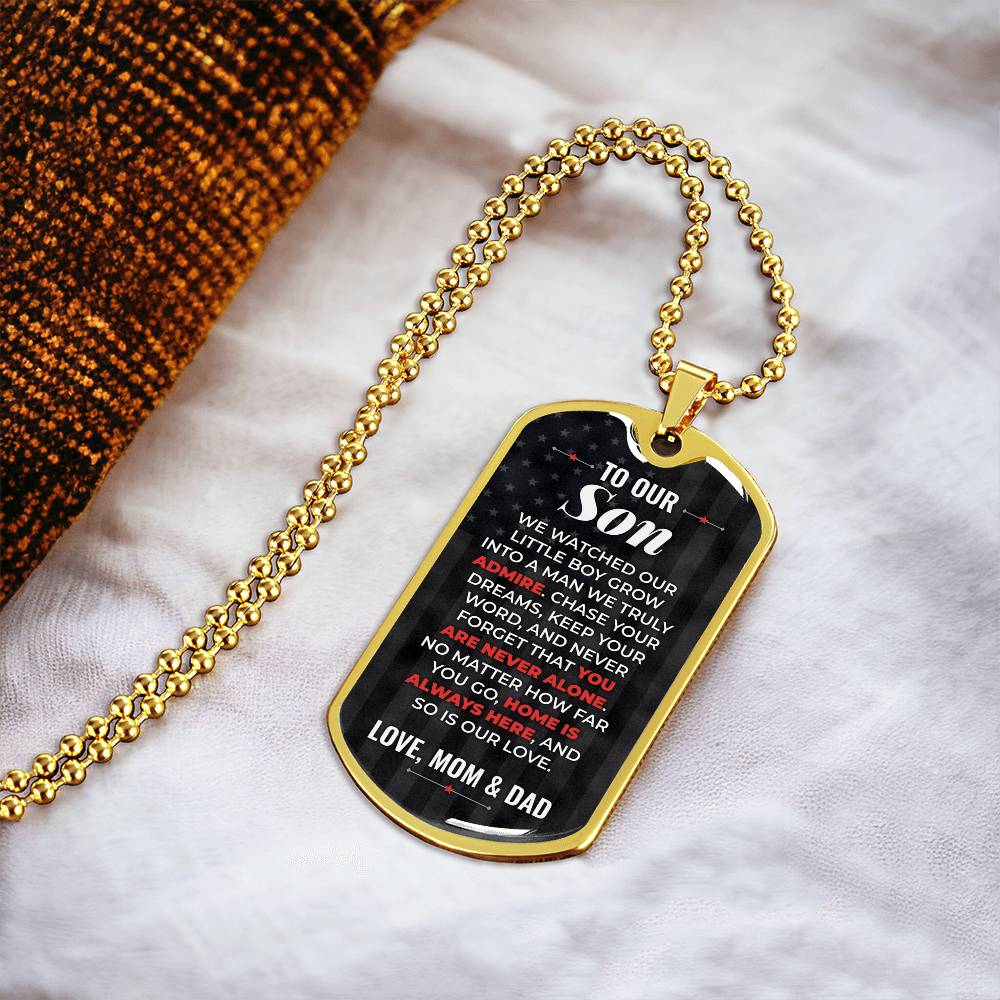 To Our Son Necklace from Mom & Dad – 18k gold finish dog tag necklace on soft fabric
