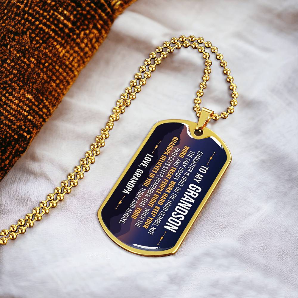 To My Grandson Necklace from Grandpa – 18k gold finish dog tag necklace on soft fabric