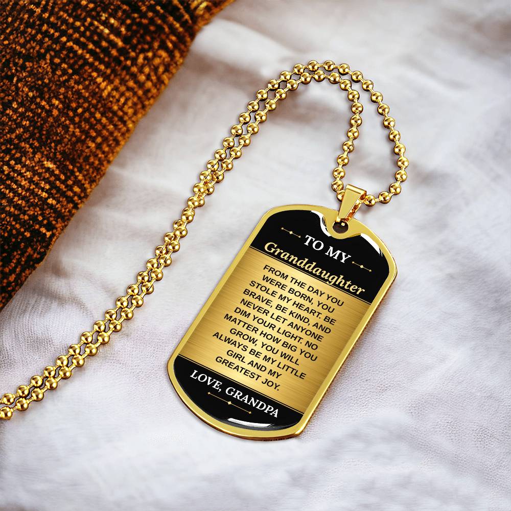 To My Granddaughter Necklace from Grandpa – 18k gold finish dog tag necklace on soft fabric