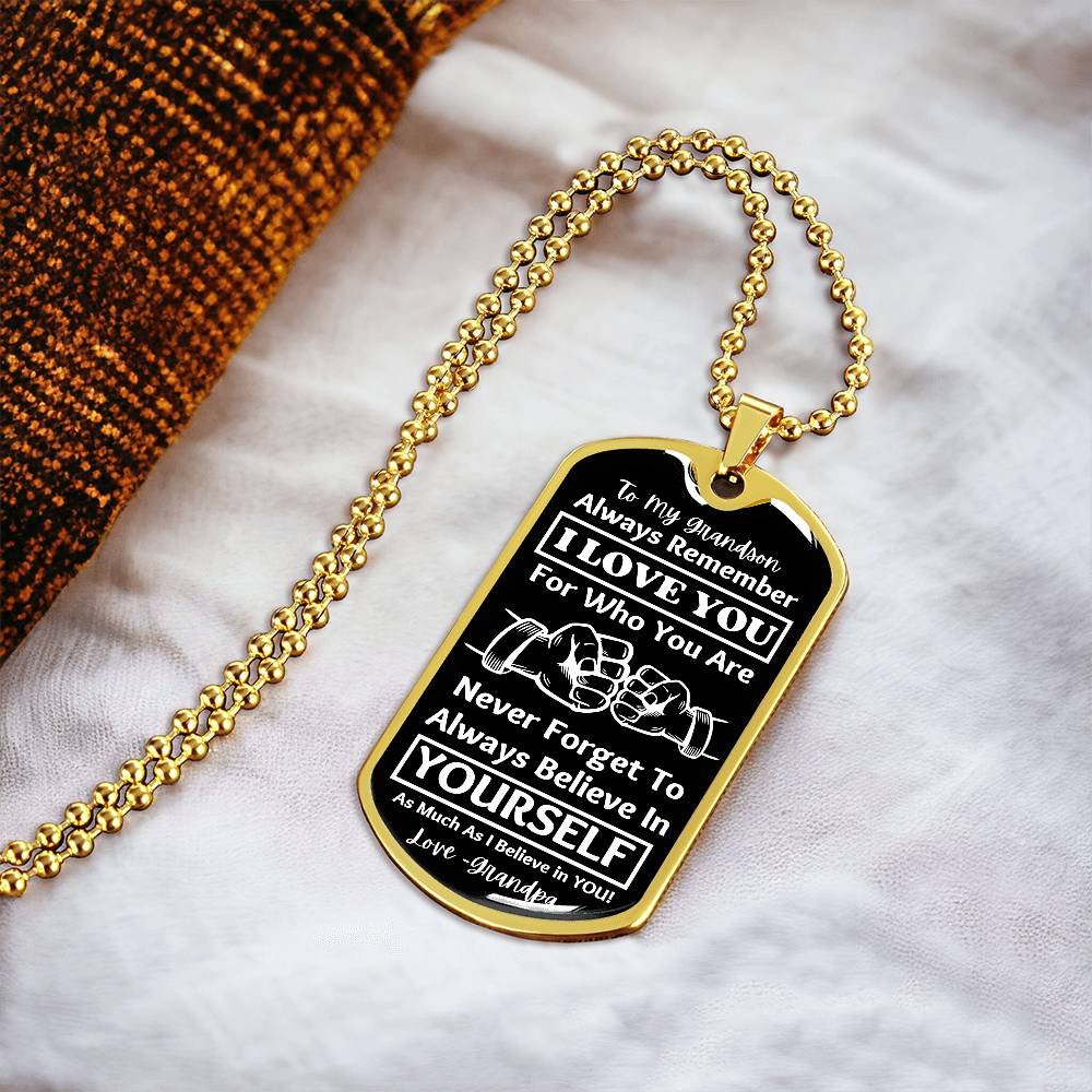 To My Grandson, From Grandpa Dog Tag – 18k gold finish dog tag necklace on soft fabric