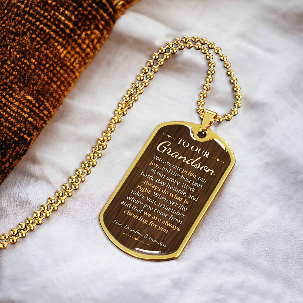 To Our Grandson Necklace from Grandma & Grandpa – 18k gold finish dog tag necklace on soft fabric