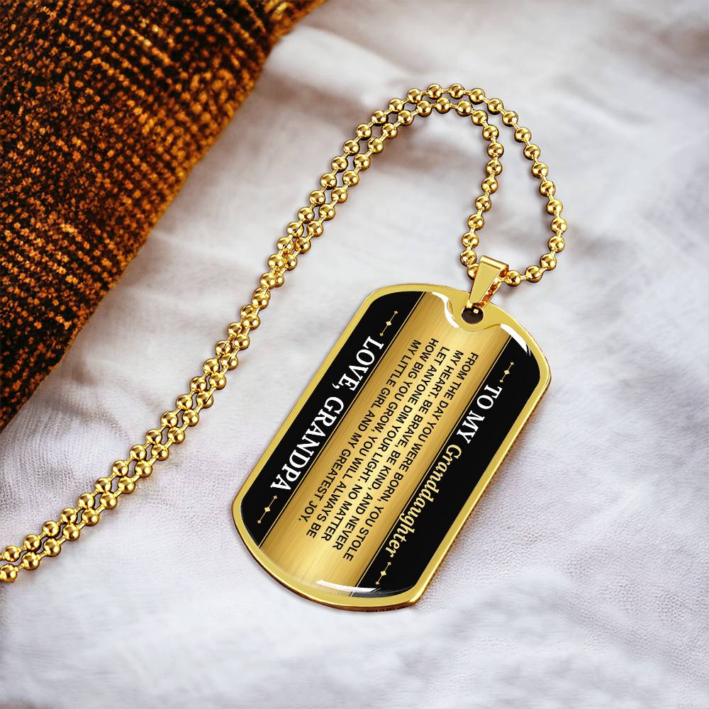 To My Granddaughter Necklace from Grandpa – 18k gold finish dog tag necklace on soft fabric