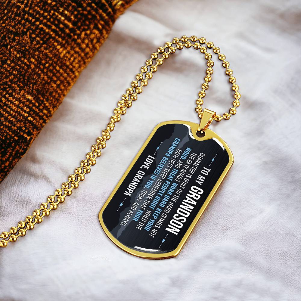 To My Grandson Necklace from Grandpa – 18k gold finish dog tag necklace on soft fabric