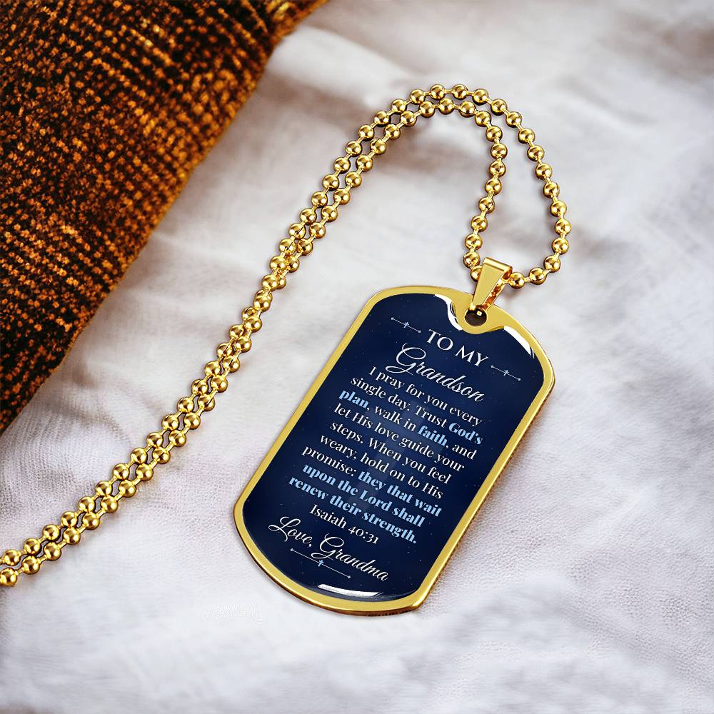 To My Grandson Necklace from Grandma – 18k gold finish dog tag necklace on soft fabric