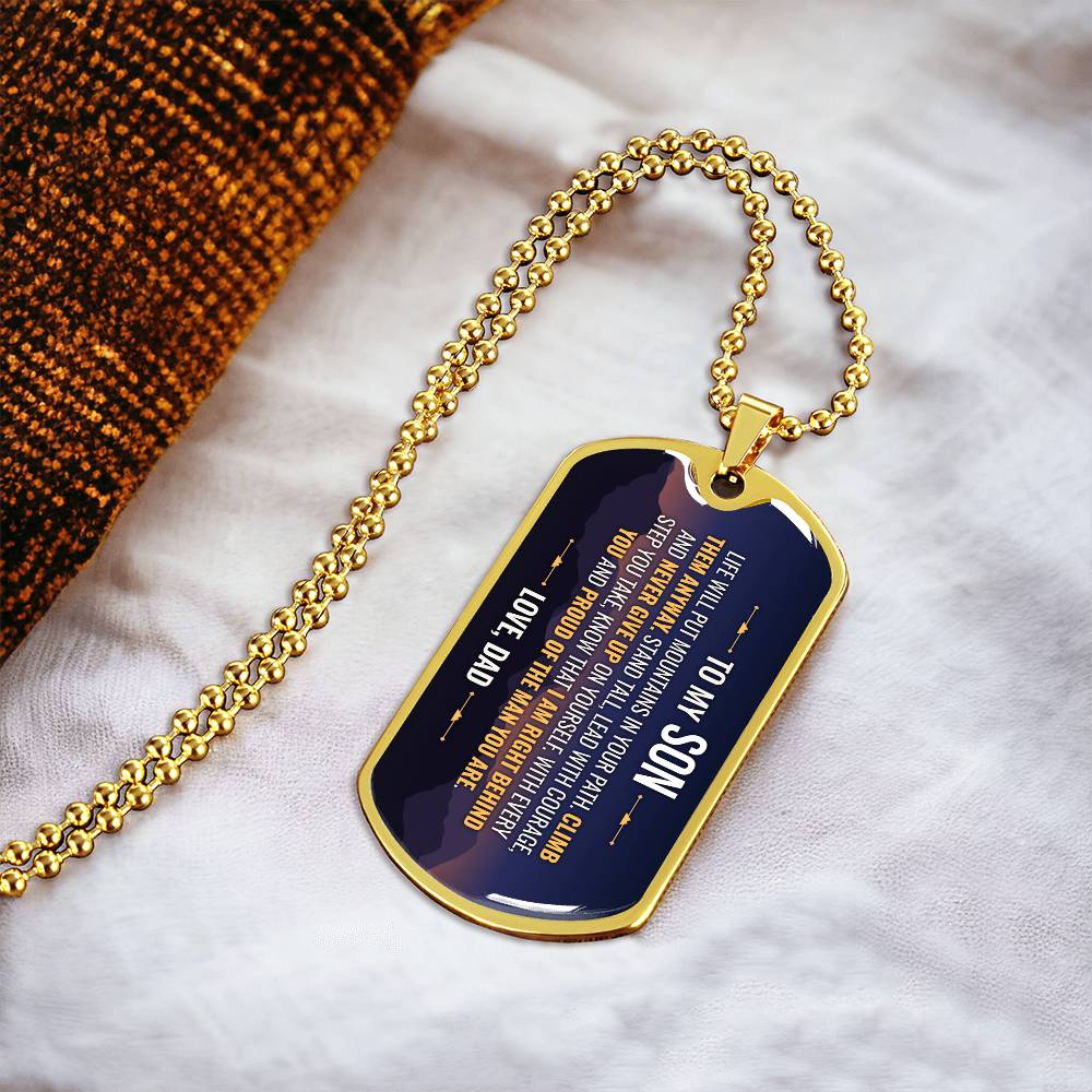 To My Son Necklace from Dad – 18k gold finish dog tag necklace on soft fabric