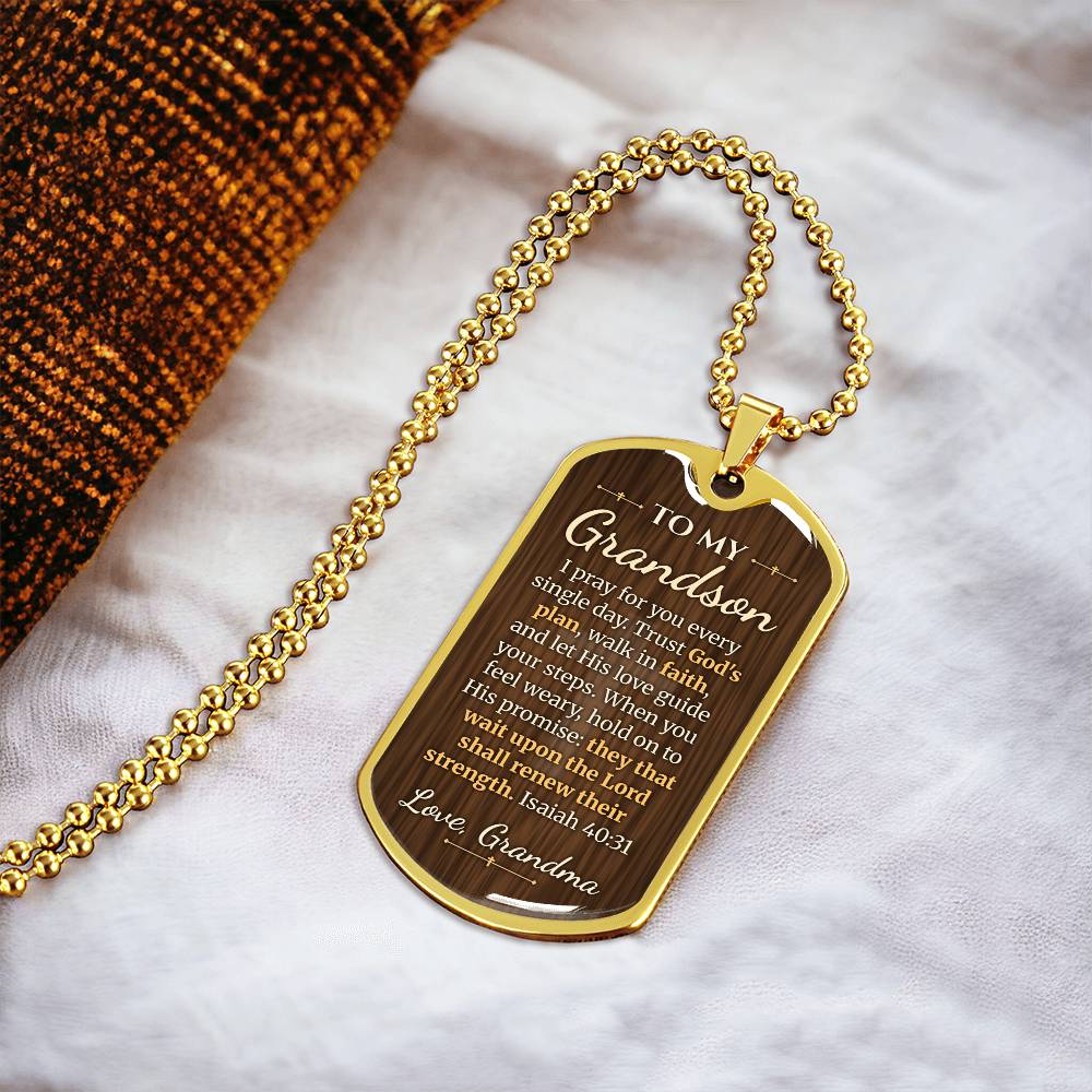 To My Grandson Necklace from Grandma – 18k gold finish dog tag necklace on soft fabric
