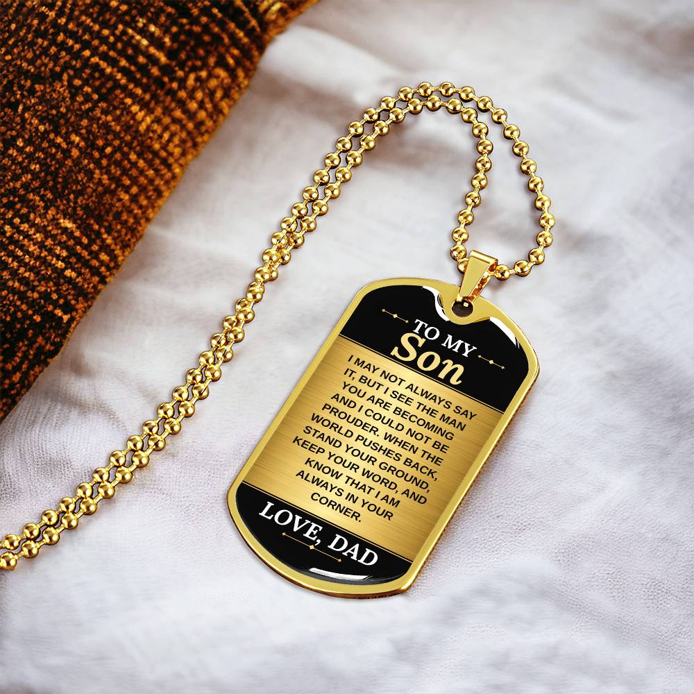 To My Son Necklace from Dad – 18k gold finish dog tag necklace on soft fabric