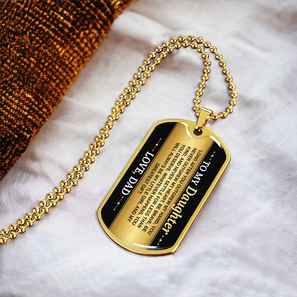 To My Daughter Necklace from Dad – 18k gold finish dog tag necklace on soft fabric