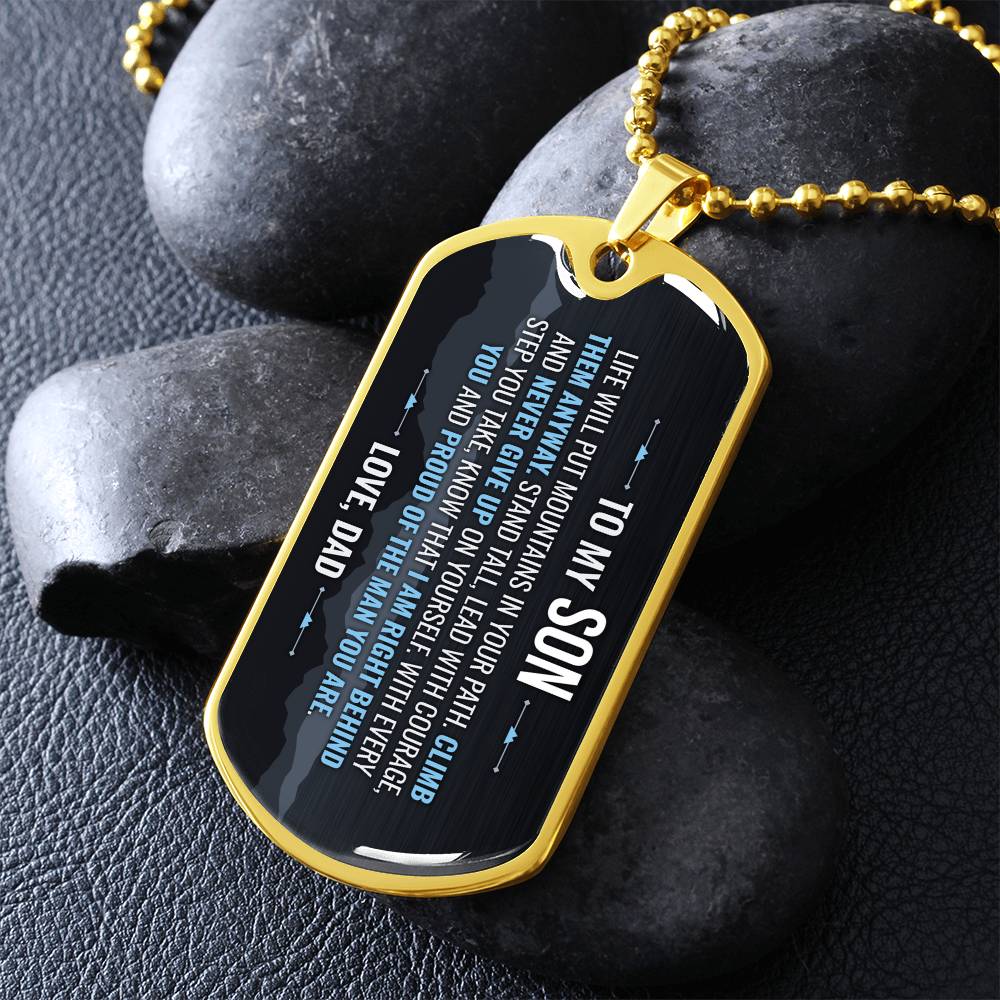 To My Son Necklace from Dad – gold dog tag necklace on dark stones