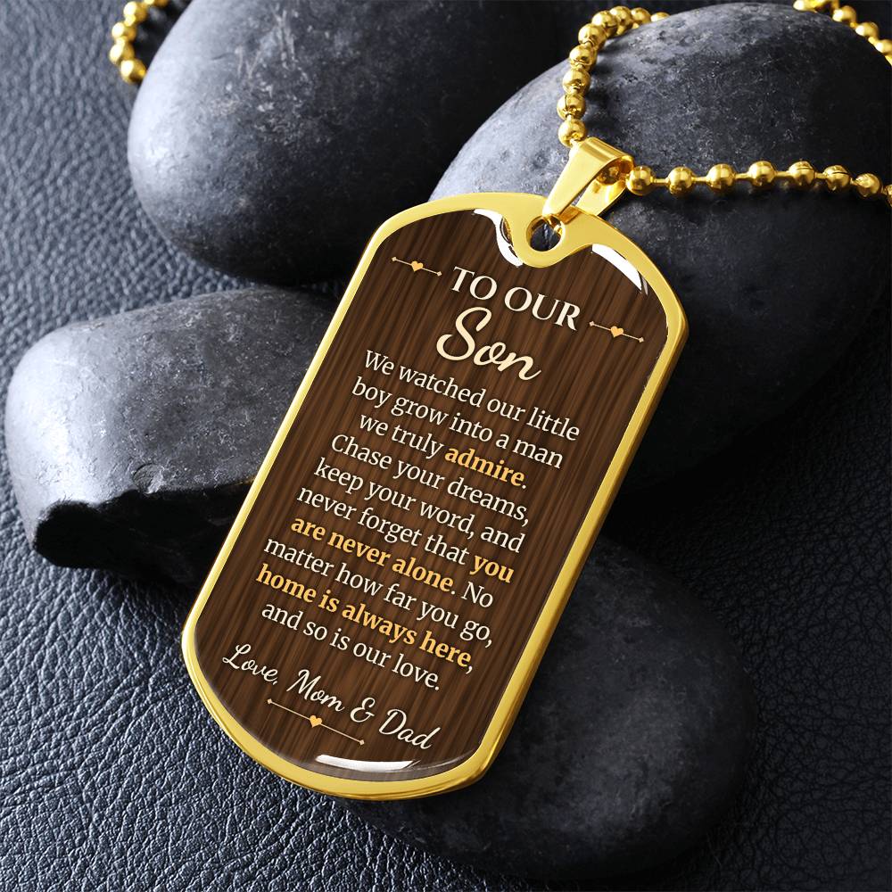 To Our Son Necklace from Mom & Dad – gold dog tag necklace on dark stones