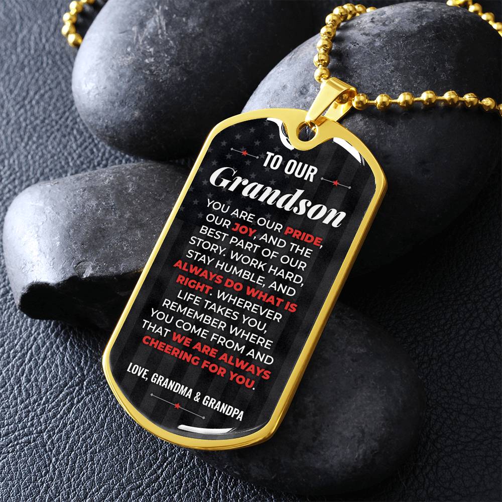To Our Grandson Necklace from Grandma & Grandpa – gold dog tag necklace on dark stones