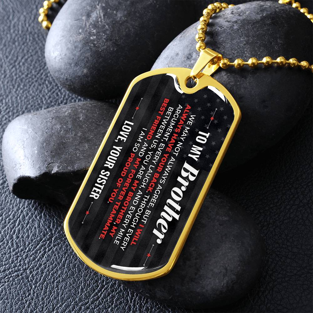 To My Brother Necklace from Sister – gold dog tag necklace on dark stones
