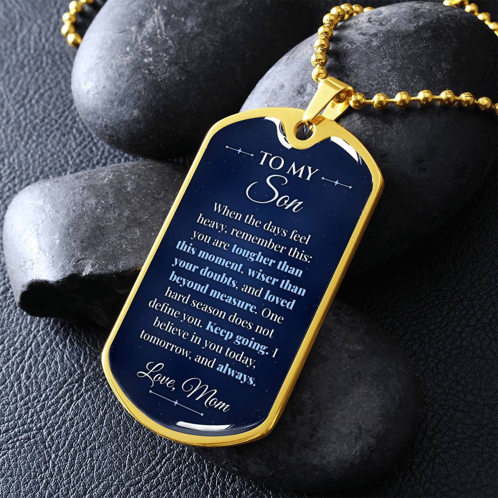 To My Son Necklace from Mom – gold dog tag necklace on dark stones