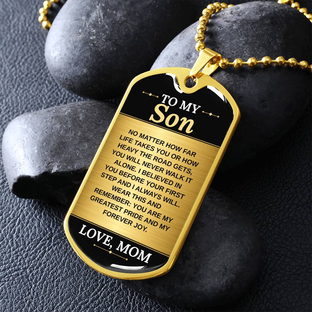 To My Son Necklace from Mom – gold dog tag necklace on dark stones