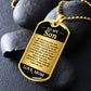 To My Son Necklace from Mom – gold dog tag necklace on dark stones