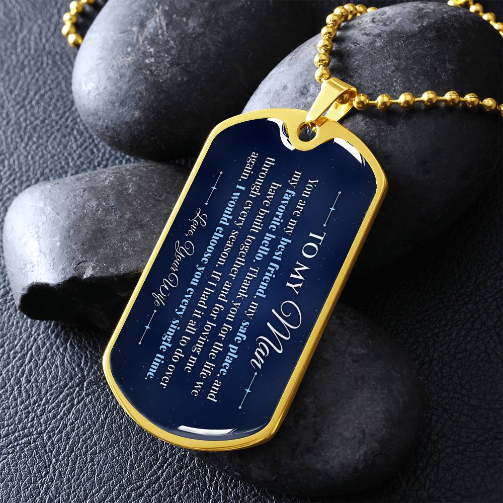 To My Man Necklace from Wife – gold dog tag necklace on dark stones