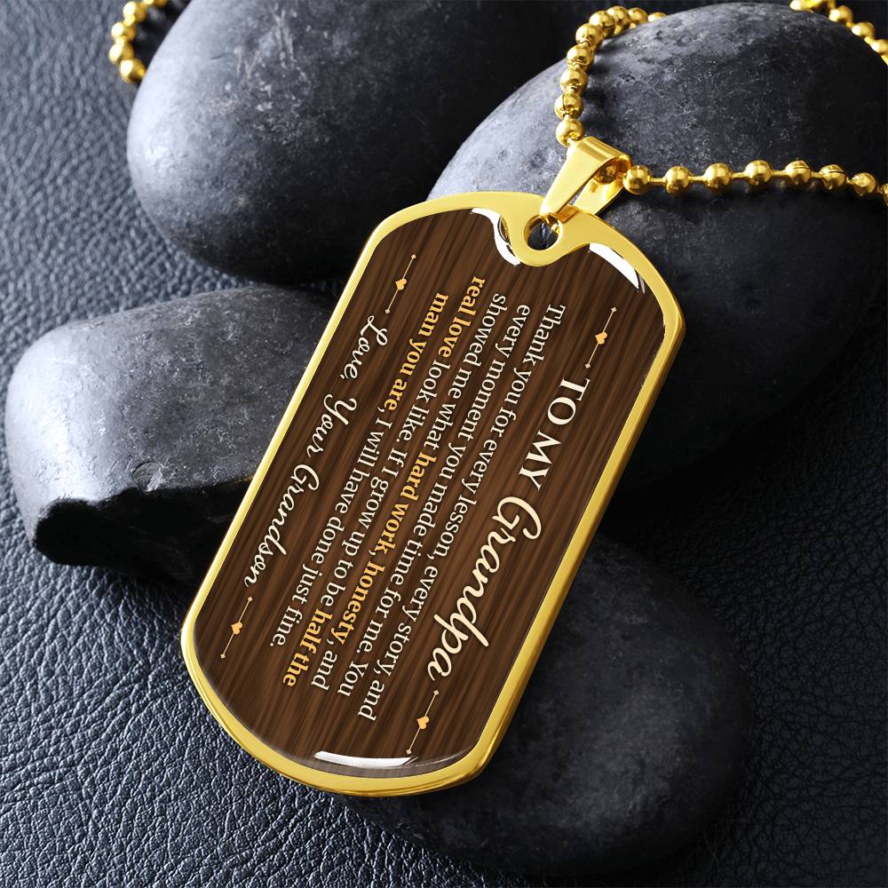 To My Grandpa Necklace from Grandson – gold dog tag necklace on dark stones