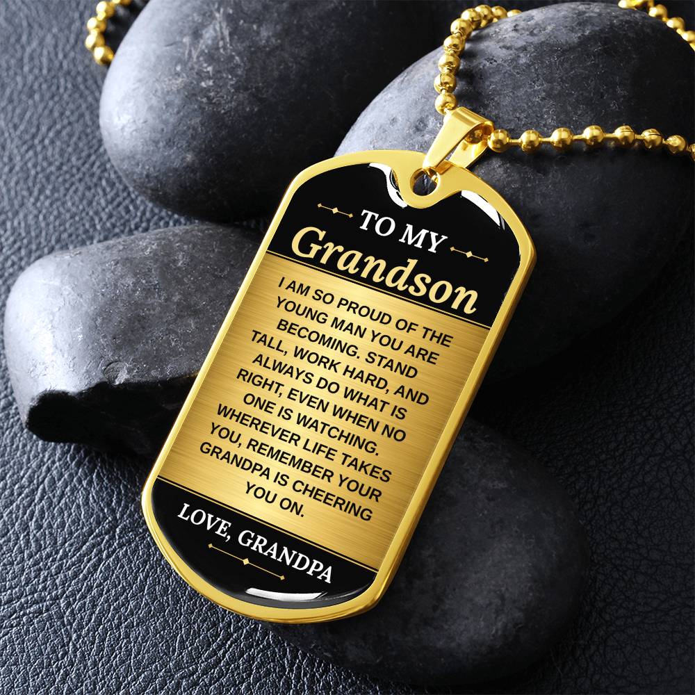 To My Grandson Necklace from Grandpa – gold dog tag necklace on dark stones