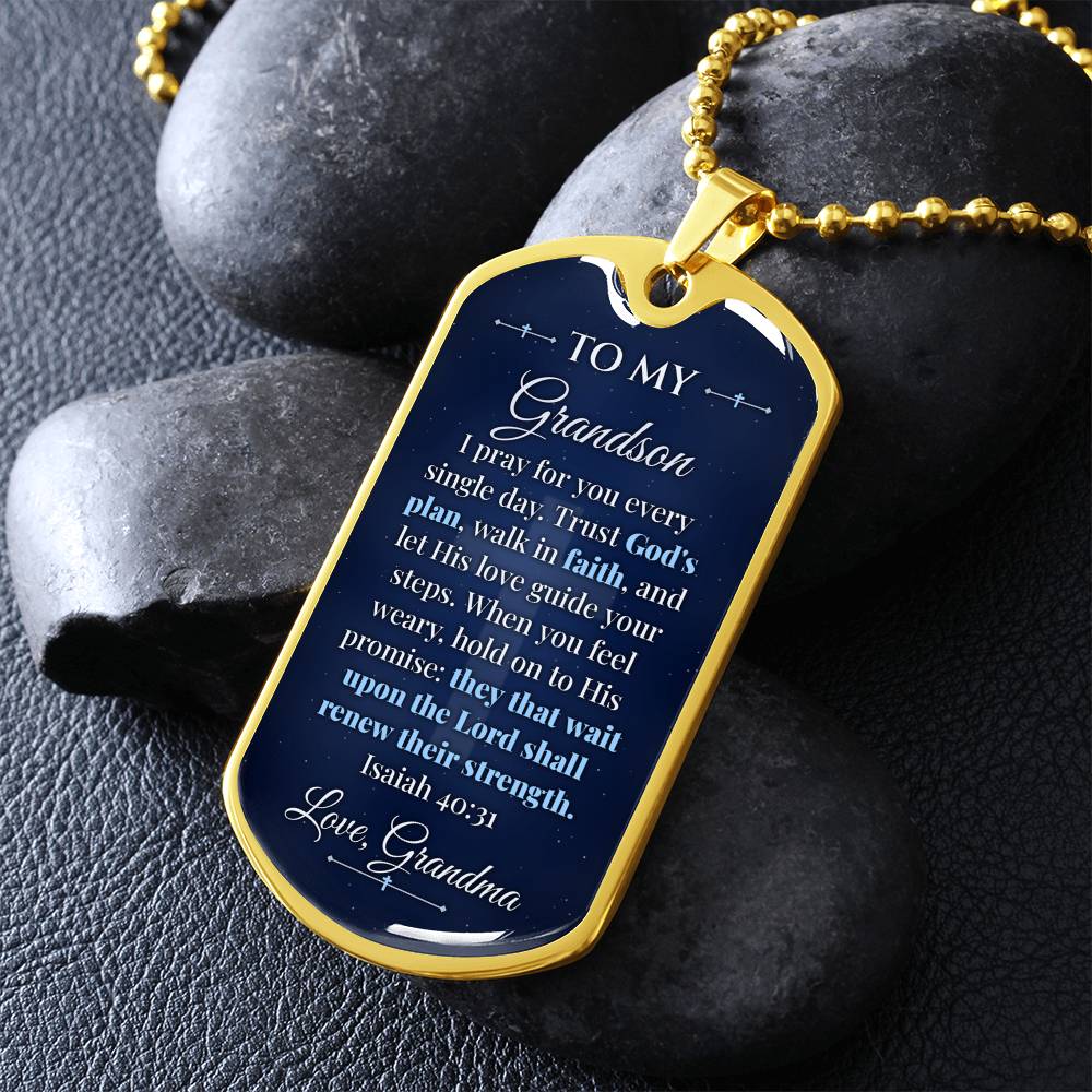 To My Grandson Necklace from Grandma – gold dog tag necklace on dark stones