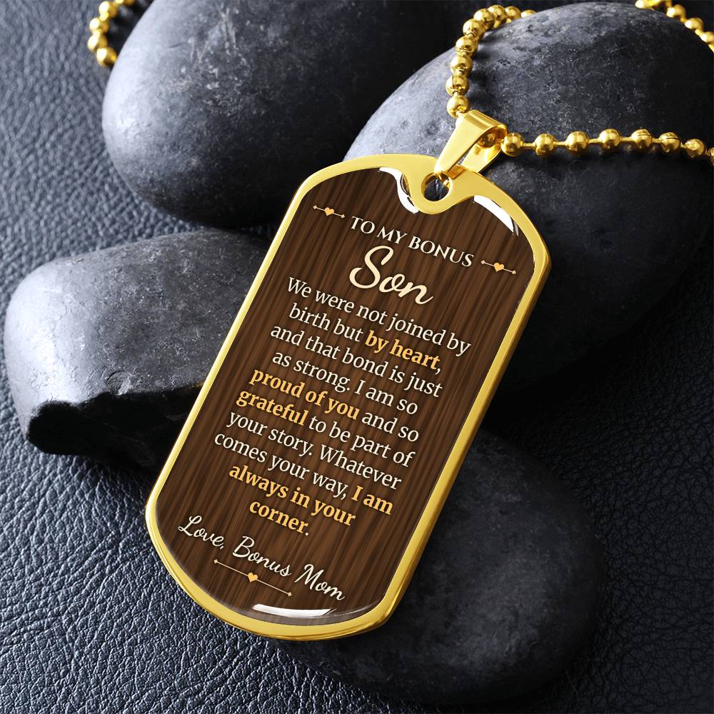 To My Bonus Son Necklace from Stepmom – gold dog tag necklace on dark stones