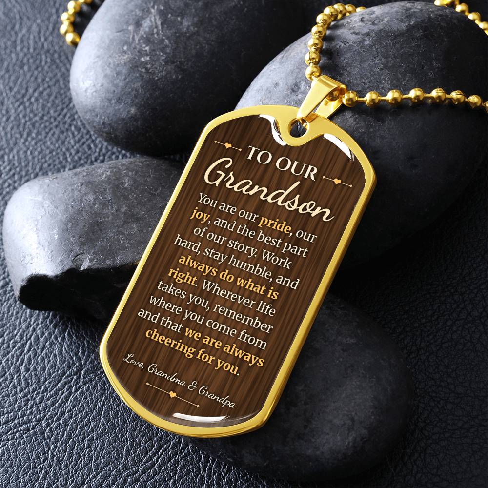 To Our Grandson Necklace from Grandma & Grandpa – gold dog tag necklace on dark stones
