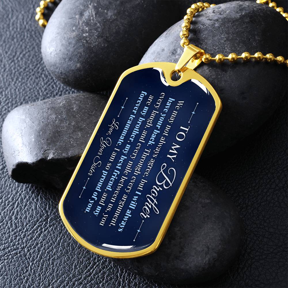 To My Brother Necklace from Sister – gold dog tag necklace on dark stones