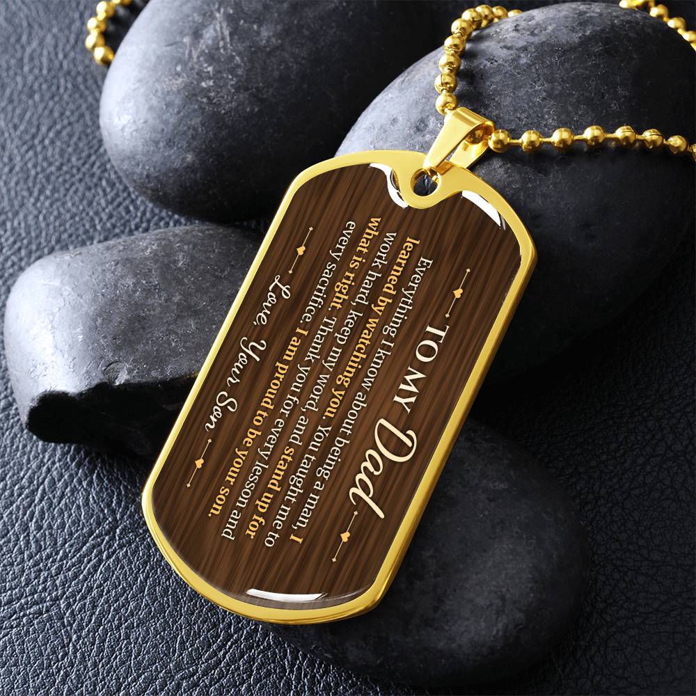 To My Dad Necklace from Son – gold dog tag necklace on dark stones