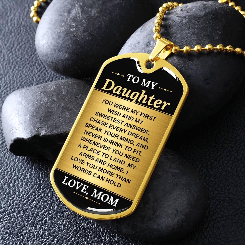 To My Daughter Necklace from Mom – gold dog tag necklace on dark stones