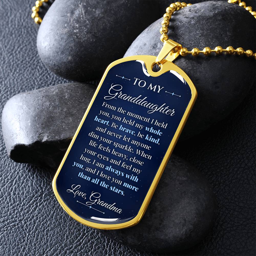 To My Granddaughter Necklace from Grandma – gold dog tag necklace on dark stones
