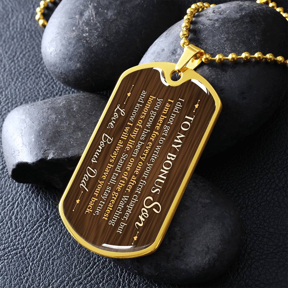To My Bonus Son Necklace from Stepdad – gold dog tag necklace on dark stones
