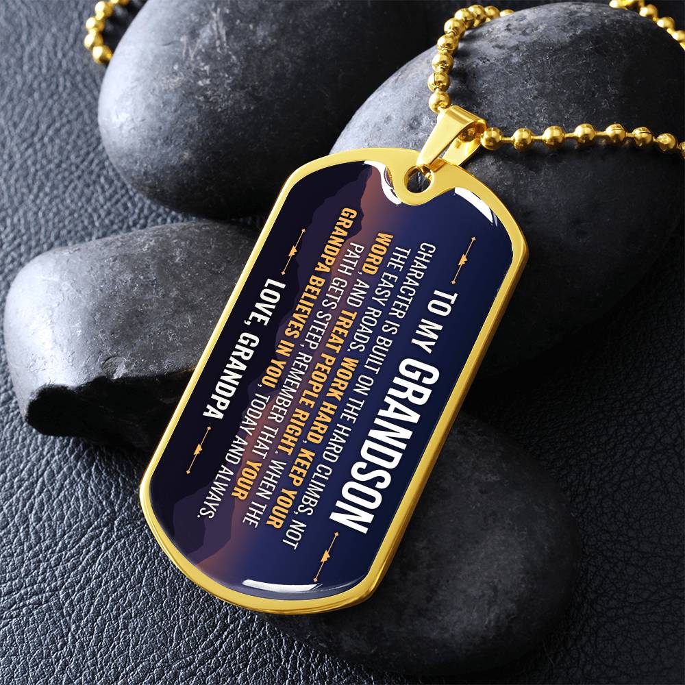 To My Grandson Necklace from Grandpa – gold dog tag necklace on dark stones
