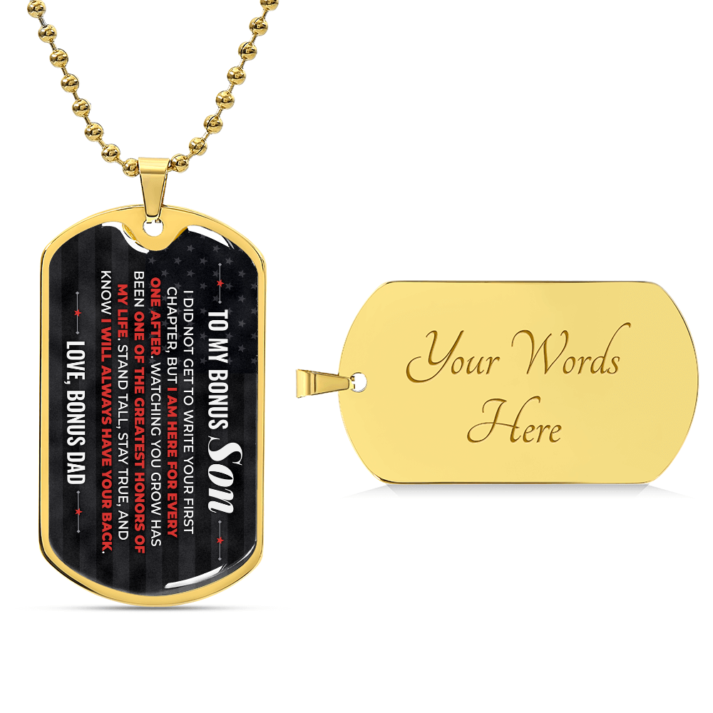 To My Bonus Son Necklace from Stepdad – 18k gold finish dog tag with optional custom engraving on the back