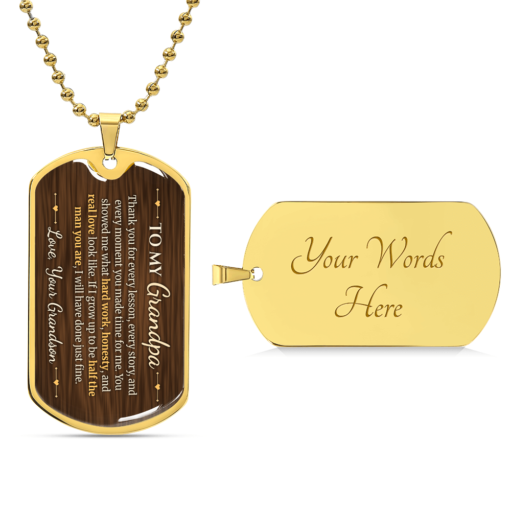 To My Grandpa Necklace from Grandson – 18k gold finish dog tag with optional custom engraving on the back