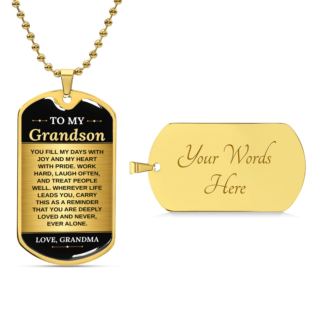 To My Grandson Necklace from Grandma – 18k gold finish dog tag with optional custom engraving on the back
