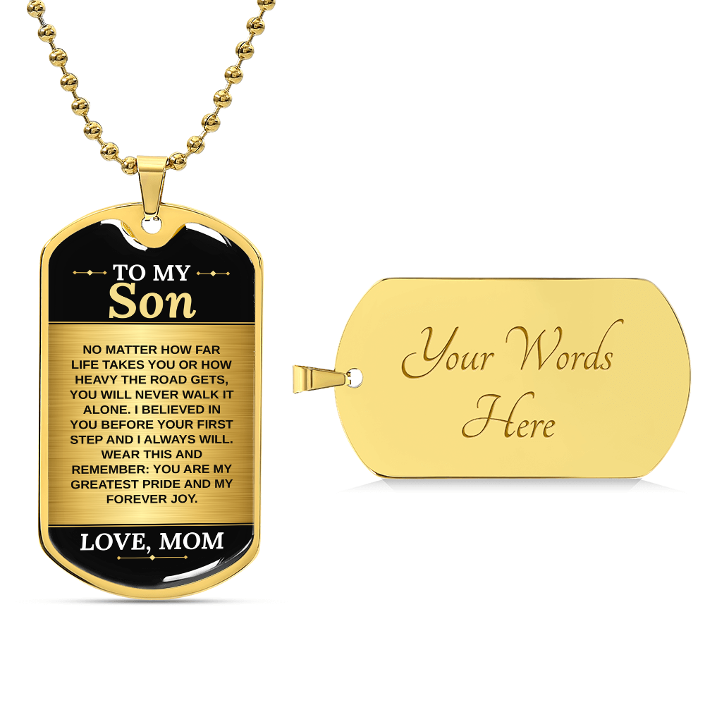 To My Son Necklace from Mom – 18k gold finish dog tag with optional custom engraving on the back