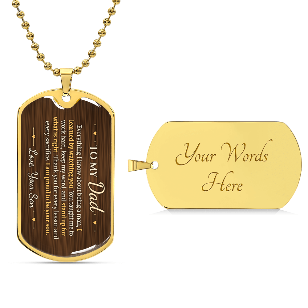 To My Dad Necklace from Son – 18k gold finish dog tag with optional custom engraving on the back