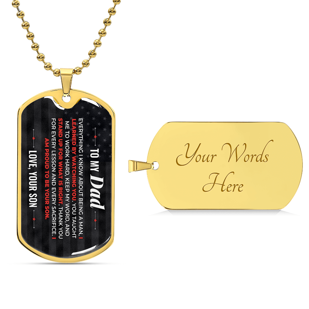 To My Dad Necklace from Son – 18k gold finish dog tag with optional custom engraving on the back