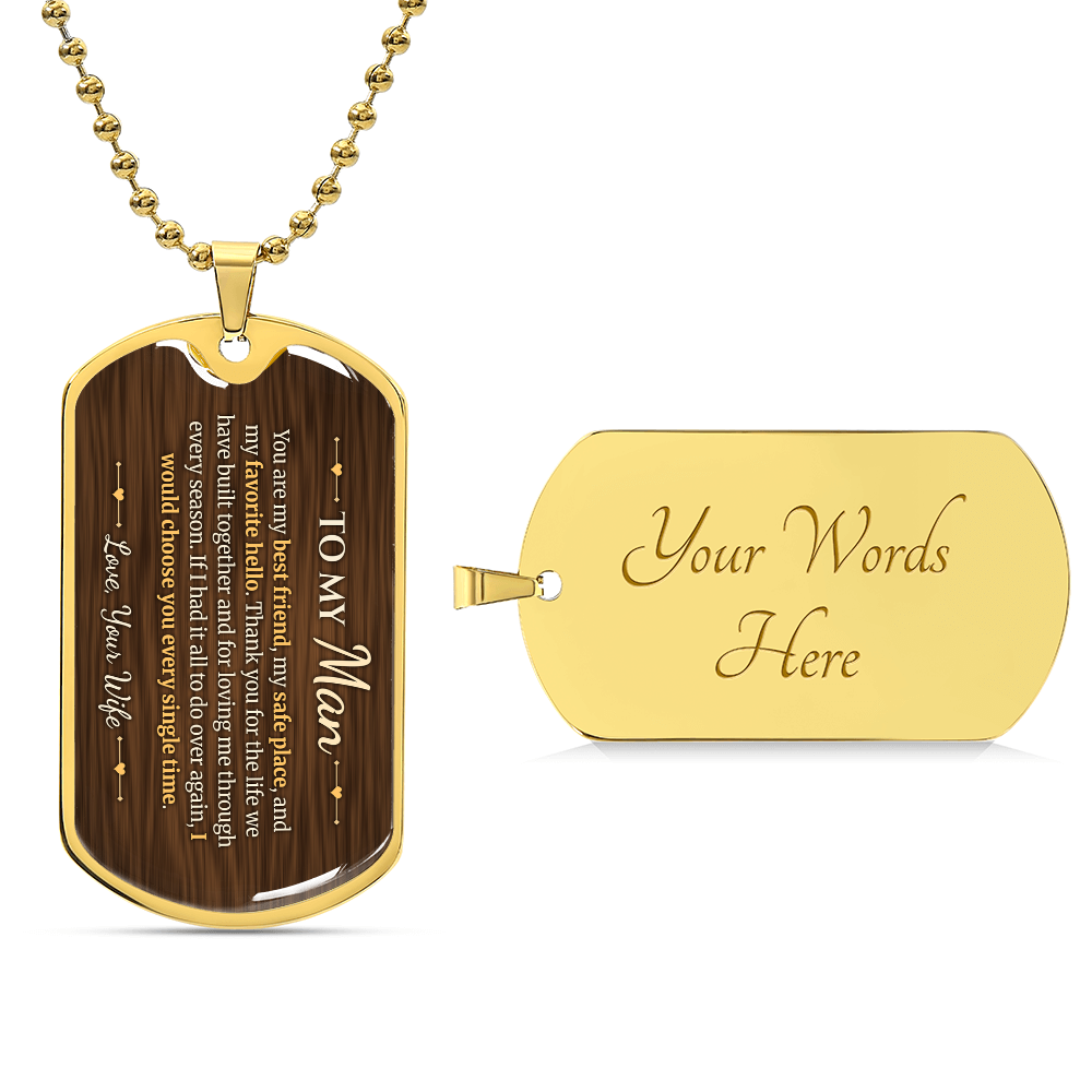 To My Man Necklace from Wife – 18k gold finish dog tag with optional custom engraving on the back