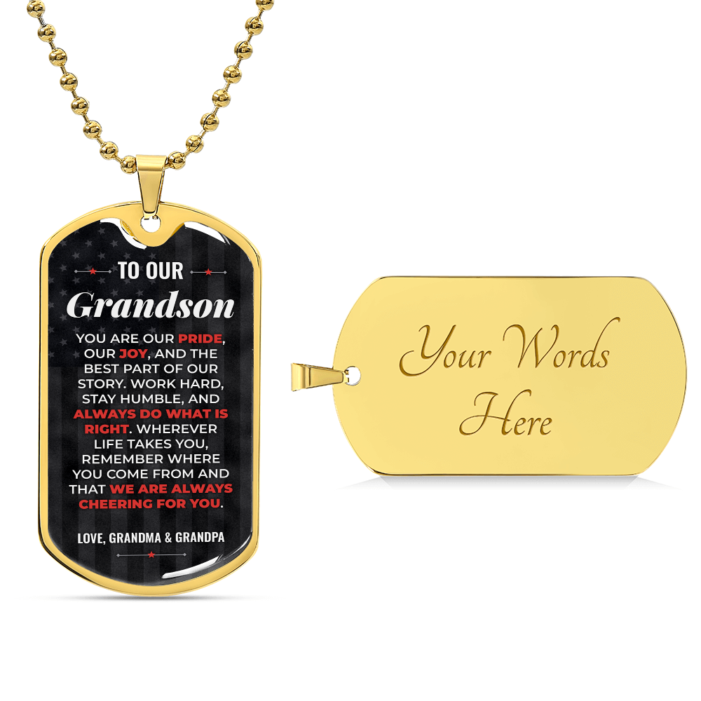 To Our Grandson Necklace from Grandma & Grandpa – 18k gold finish dog tag with optional custom engraving on the back